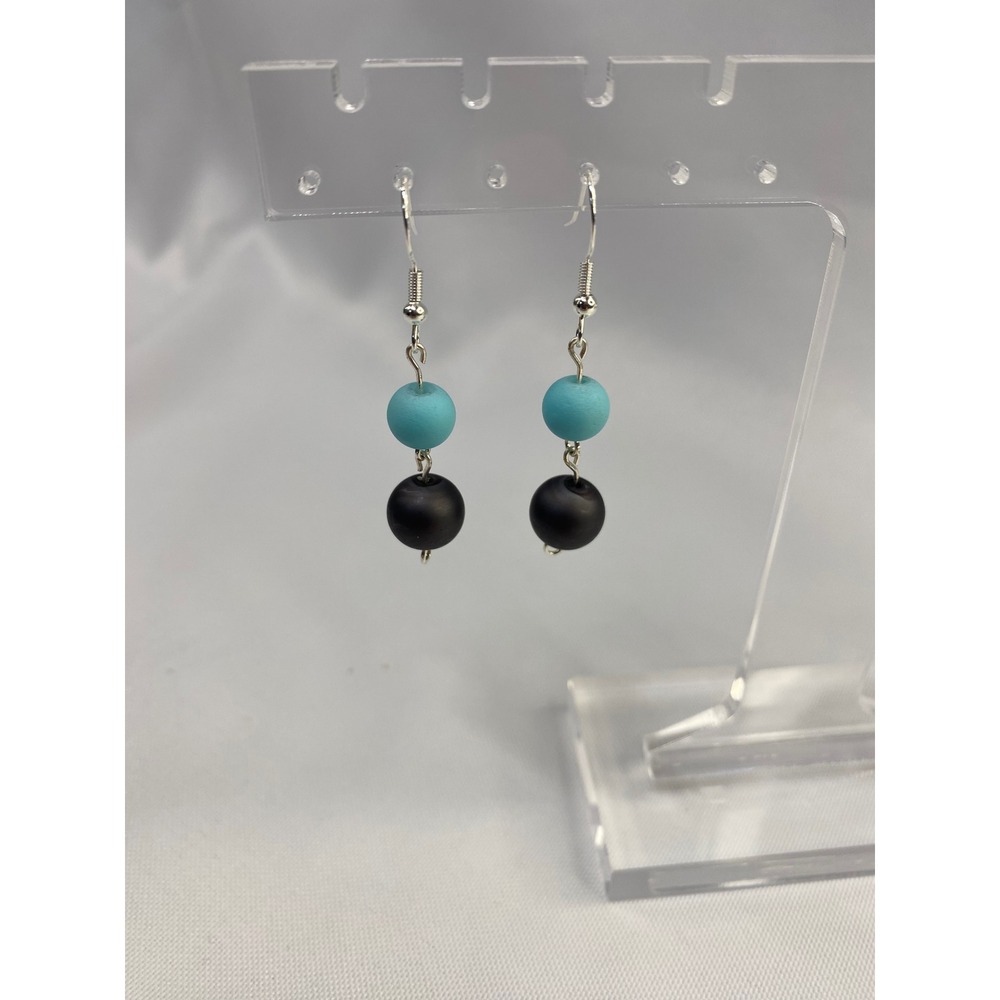 Handmade Beaded Dangle Earrings Turquoise Grey/Black Silver Tone Hooks Women